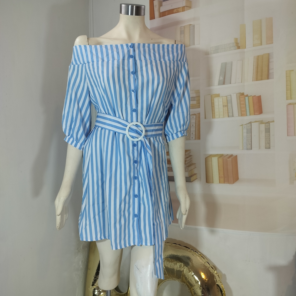 & Other Stories Blue Striped Off-Shoulder Dress